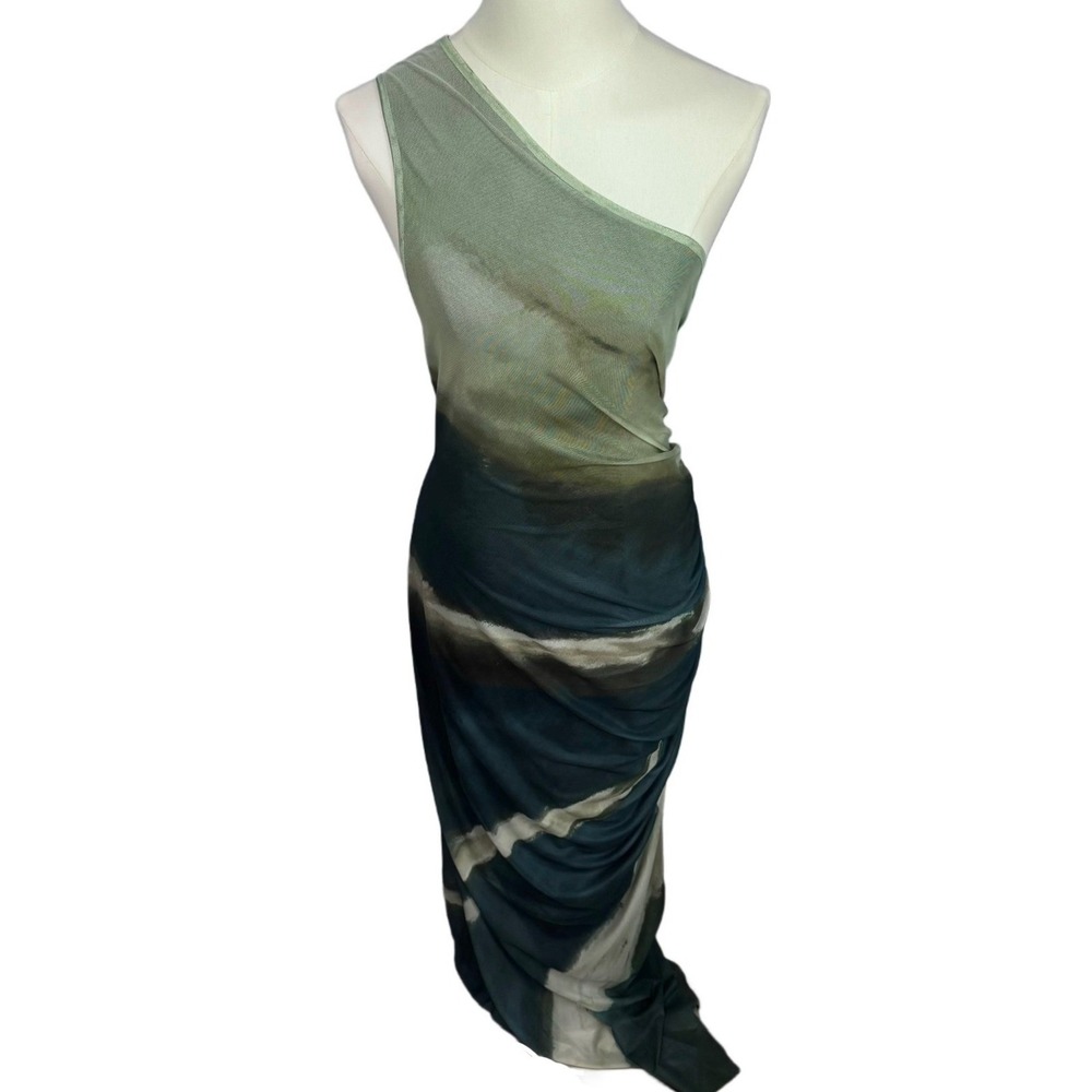 One Shoulder Mesh Maxi Dress 3XL Plus Sz Green Abstract Print Ethereal Ruching